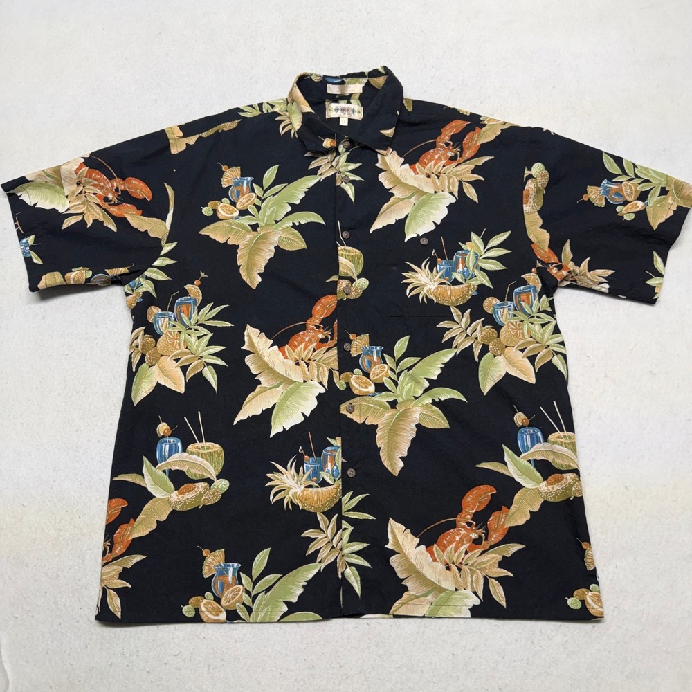 Vintage‎ Campia Moda Tropical Lobster Cocktail Print Shirt Mens XL Black Y2K 90s